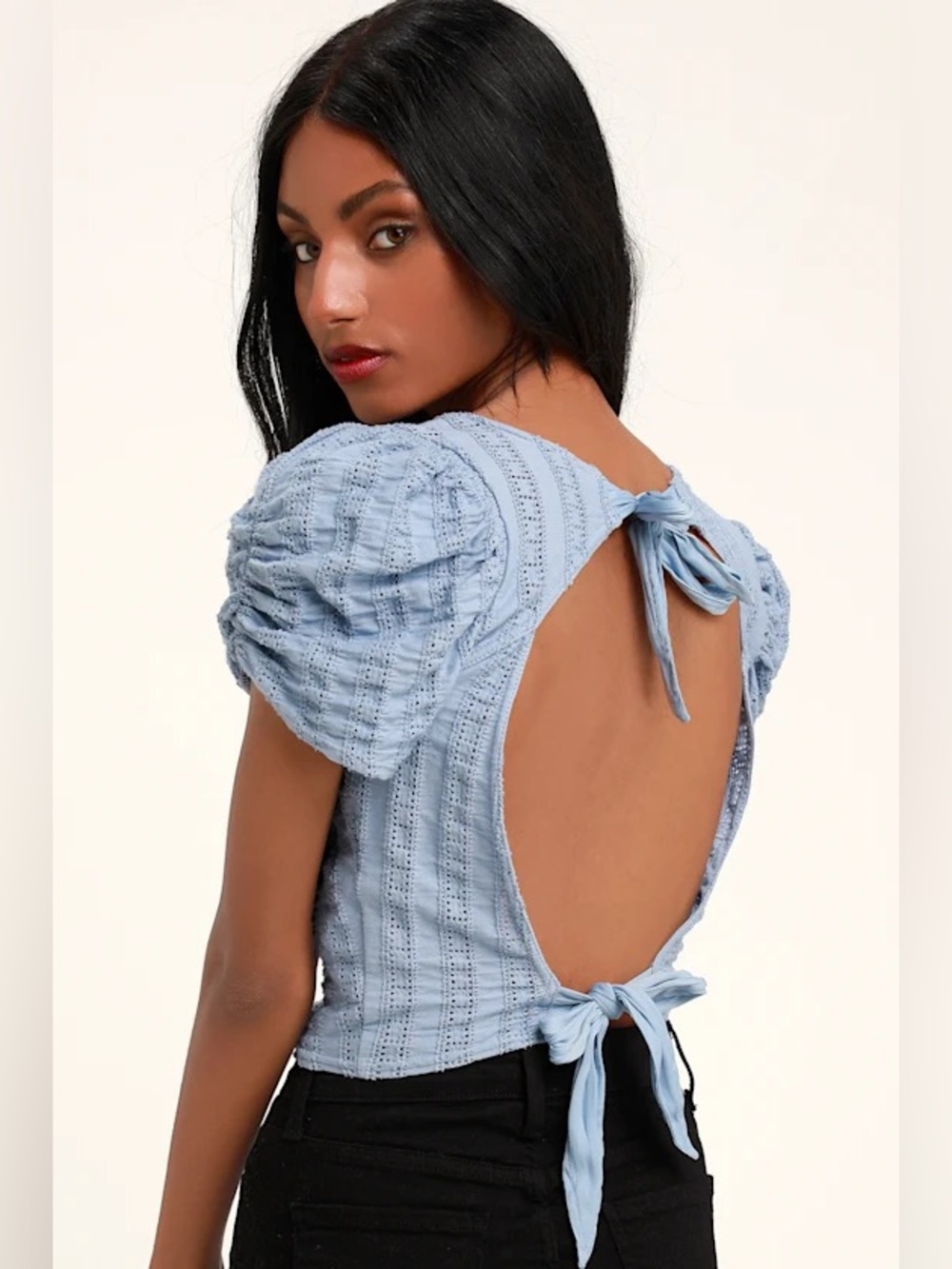Free People Open Back Blue Eyelet Puff Sleeve Crop Top